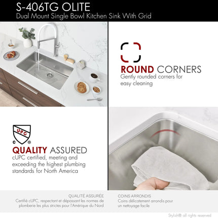 STYLISH 27 inch Single Bowl Undermount and Drop-in Stainless Steel Kitchen Sink S-406TG - Plumbing Market