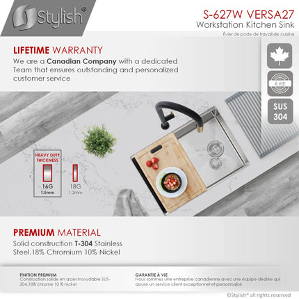 STYLISH 27 inch Workstation Single Bowl Undermount 16 Gauge Stainless Steel Kitchen Sink with Built in Accessories S-627W - Plumbing Market