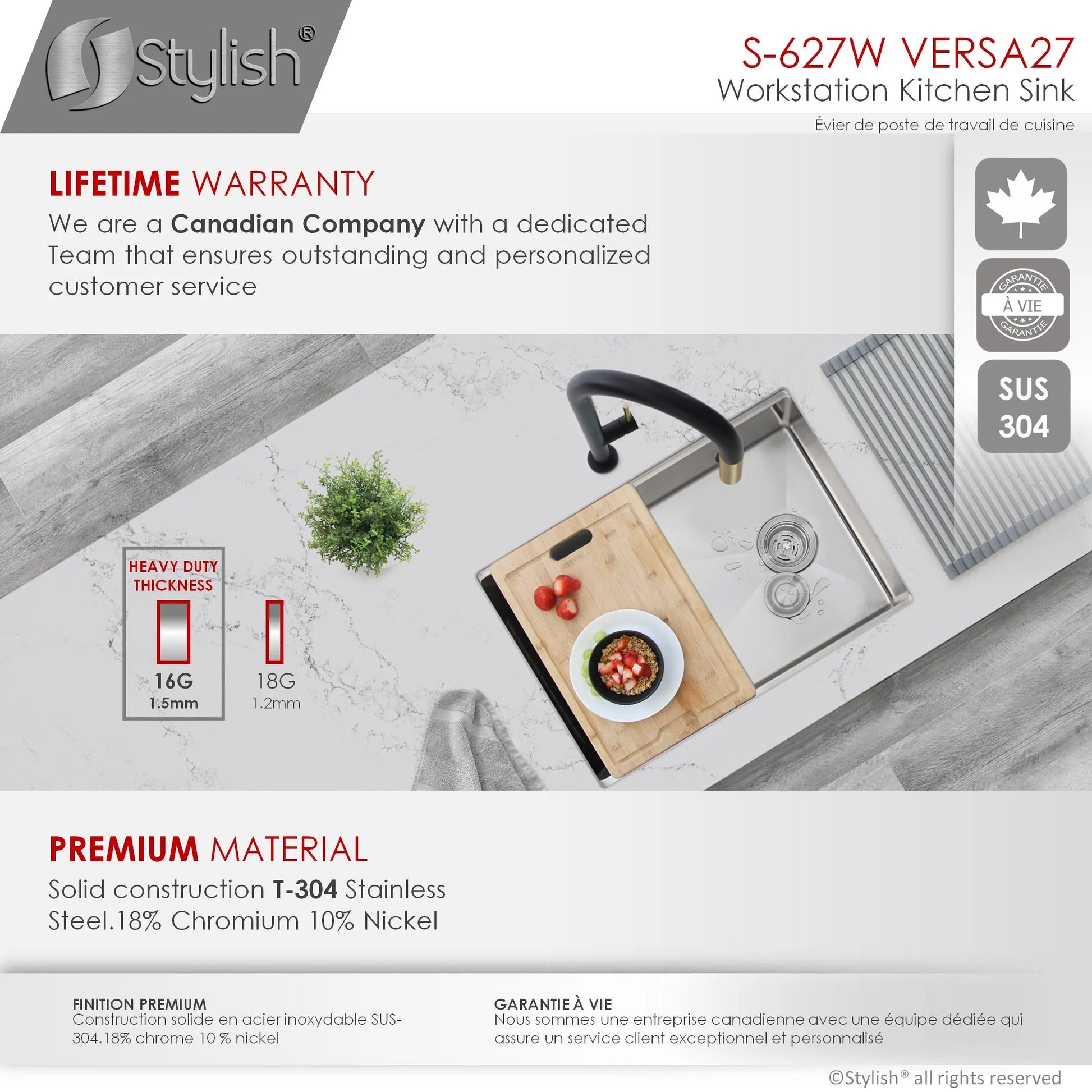 STYLISH 27 inch Workstation Single Bowl Undermount 16 Gauge Stainless Steel Kitchen Sink with Built in Accessories S-627W - Plumbing Market