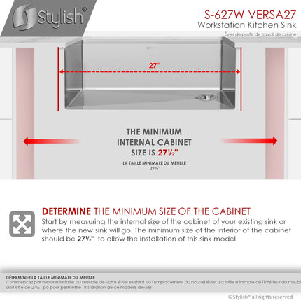 STYLISH 27 inch Workstation Single Bowl Undermount 16 Gauge Stainless Steel Kitchen Sink with Built in Accessories S-627W - Plumbing Market