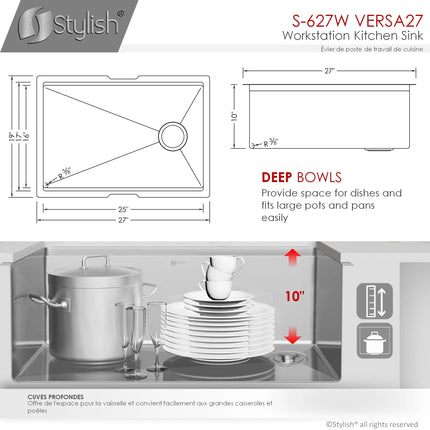 STYLISH 27 inch Workstation Single Bowl Undermount 16 Gauge Stainless Steel Kitchen Sink with Built in Accessories S-627W - Plumbing Market