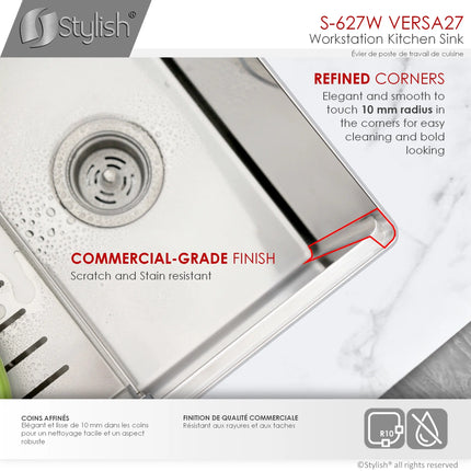 STYLISH 27 inch Workstation Single Bowl Undermount 16 Gauge Stainless Steel Kitchen Sink with Built in Accessories S-627W - Plumbing Market