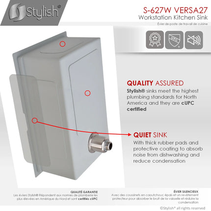 STYLISH 27 inch Workstation Single Bowl Undermount 16 Gauge Stainless Steel Kitchen Sink with Built in Accessories S-627W - Plumbing Market