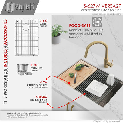 STYLISH 27 inch Workstation Single Bowl Undermount 16 Gauge Stainless Steel Kitchen Sink with Built in Accessories S-627W - Plumbing Market