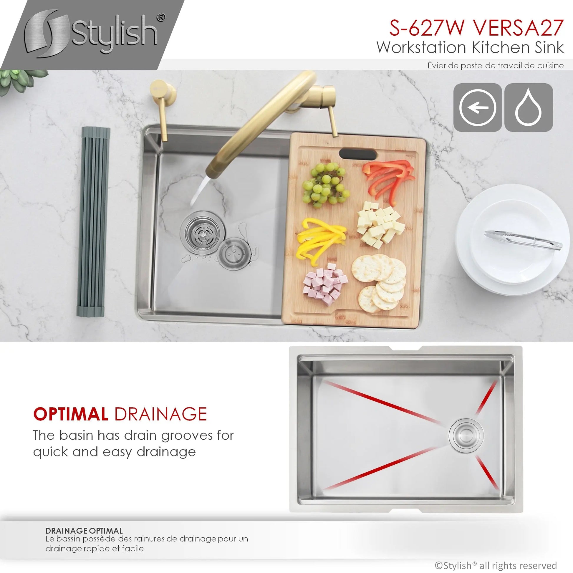 STYLISH 27 inch Workstation Single Bowl Undermount 16 Gauge Stainless Steel Kitchen Sink with Built in Accessories S-627W - Plumbing Market