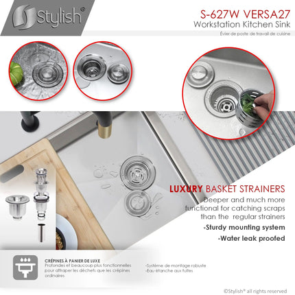 STYLISH 27 inch Workstation Single Bowl Undermount 16 Gauge Stainless Steel Kitchen Sink with Built in Accessories S-627W - Plumbing Market