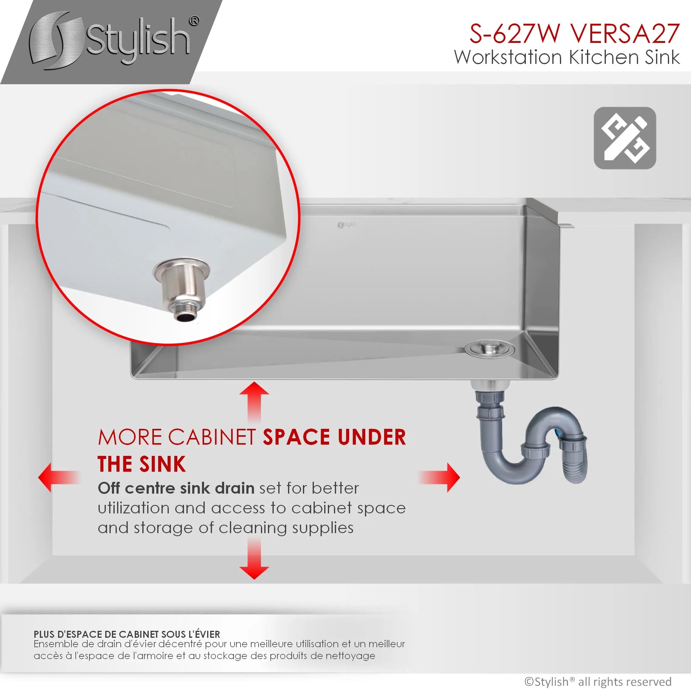 STYLISH 27 inch Workstation Single Bowl Undermount 16 Gauge Stainless Steel Kitchen Sink with Built in Accessories S-627W - Plumbing Market