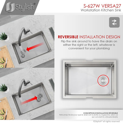STYLISH 27 inch Workstation Single Bowl Undermount 16 Gauge Stainless Steel Kitchen Sink with Built in Accessories S-627W - Plumbing Market