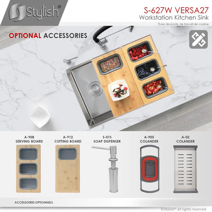 STYLISH 27 inch Workstation Single Bowl Undermount 16 Gauge Stainless Steel Kitchen Sink with Built in Accessories S-627W - Plumbing Market