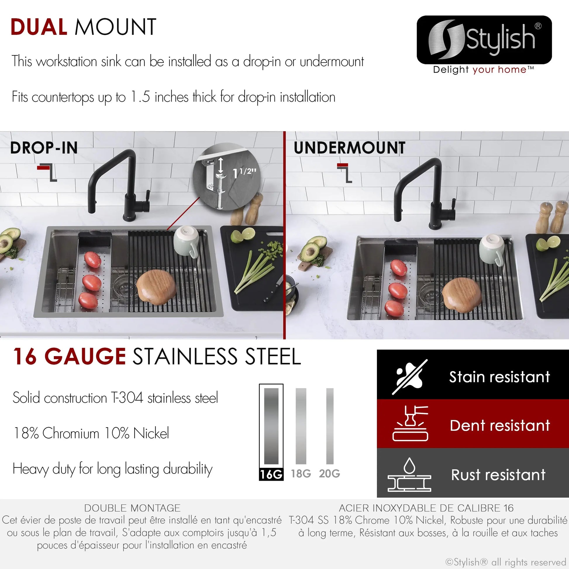 STYLISH 27 inch Workstation Single Bowl Undermount and Drop-in 16 Gauge Stainless Steel Kitchen Sink with Built in Accessories S-127W - Plumbing Market