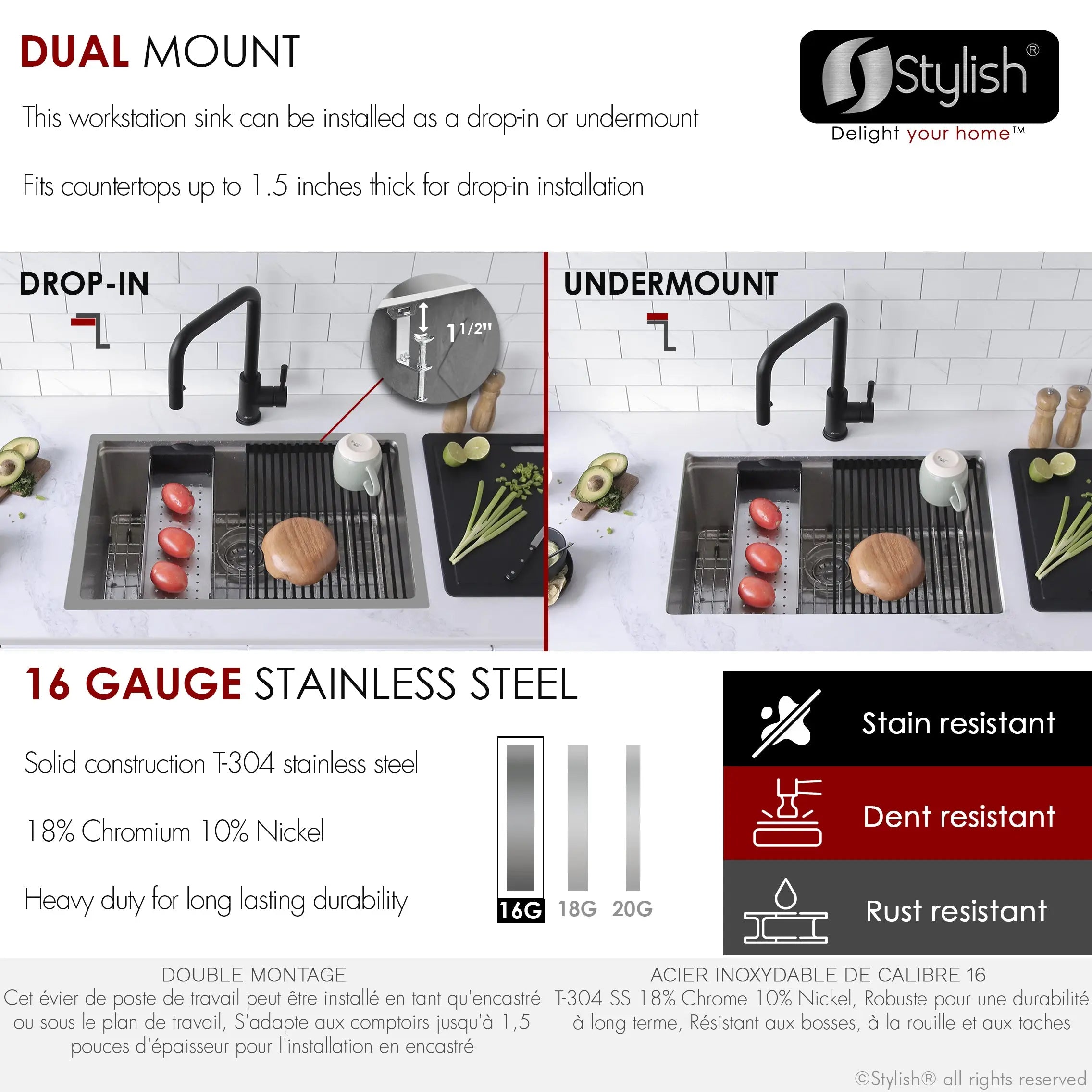 STYLISH 27 inch Workstation Single Bowl Undermount and Drop-in 16 Gauge Stainless Steel Kitchen Sink with Built in Accessories S-127W - Plumbing Market