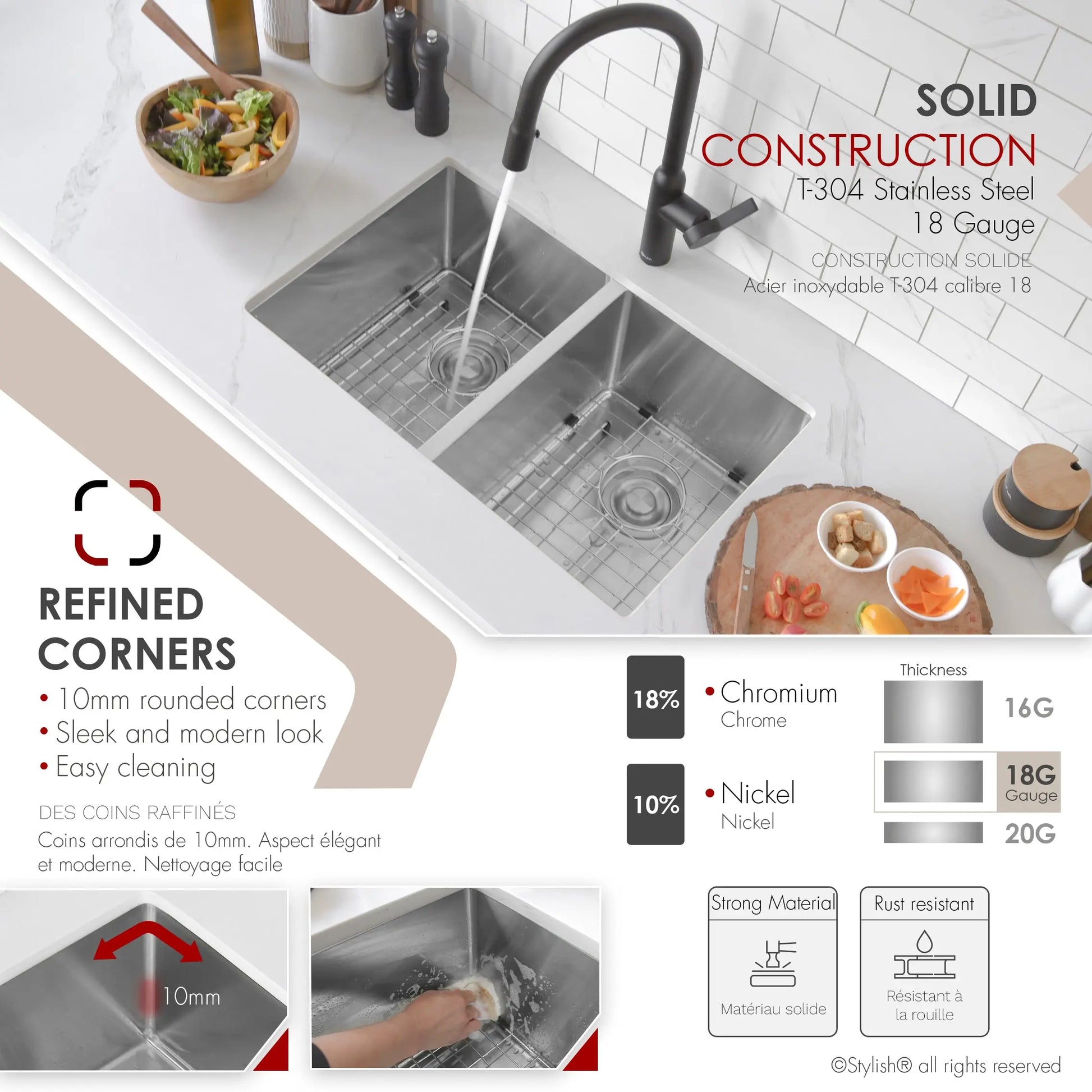 STYLISH 28 inch Double Bowl Dual mount 18G Stainless Steel Kitchen Sink with Grids and Strainers S-300TG - Plumbing Market