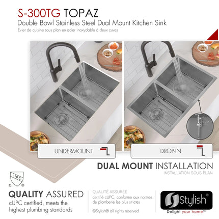 STYLISH 28 inch Double Bowl Dual mount 18G Stainless Steel Kitchen Sink with Grids and Strainers S-300TG - Plumbing Market