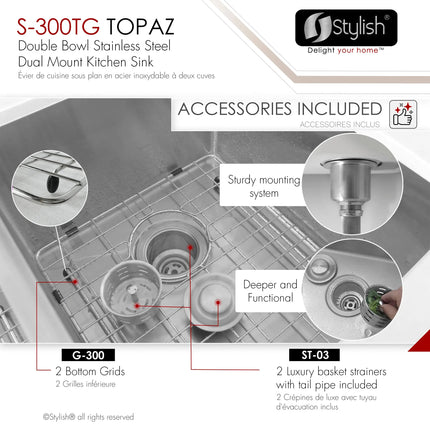 STYLISH 28 inch Double Bowl Dual mount 18G Stainless Steel Kitchen Sink with Grids and Strainers S-300TG - Plumbing Market