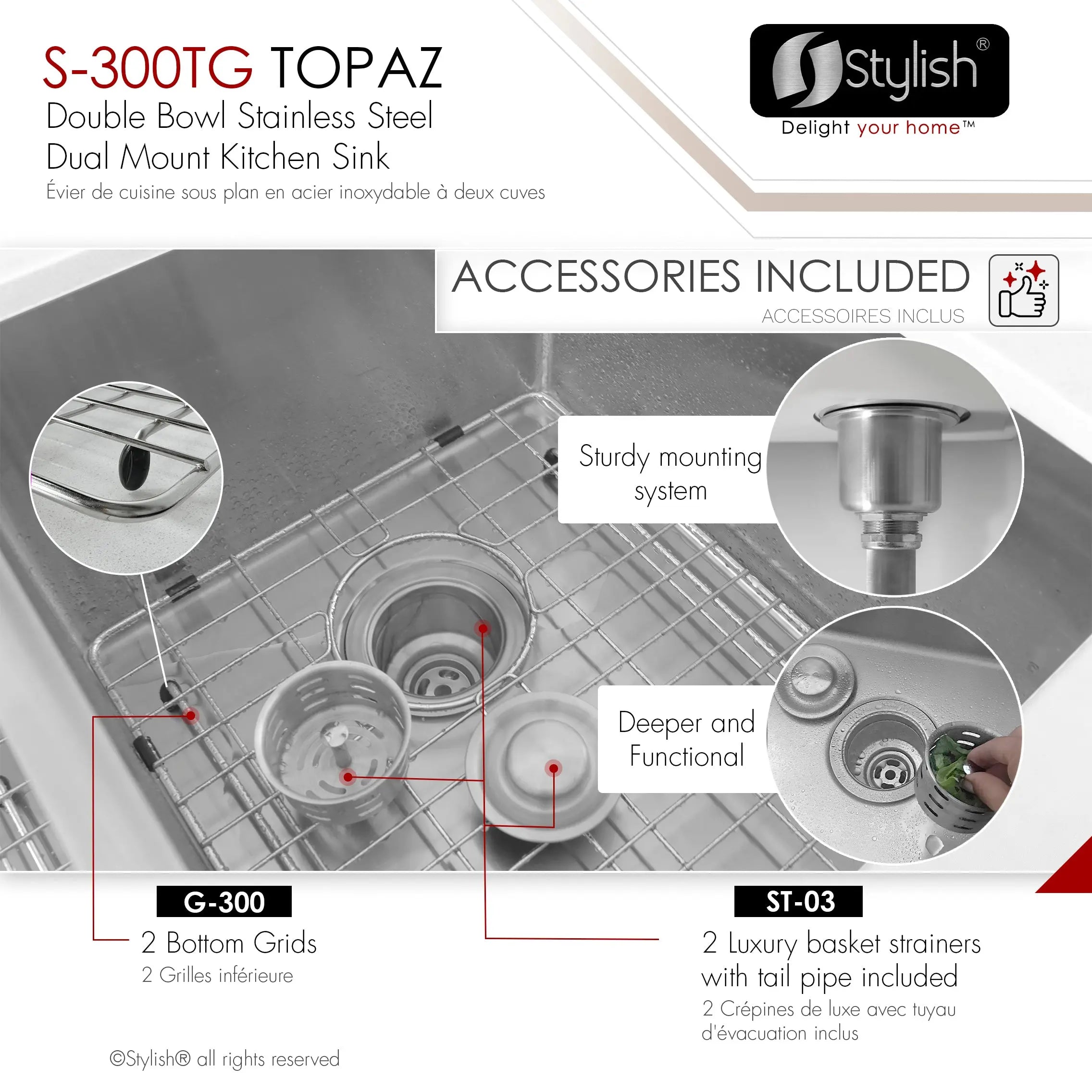 STYLISH 28 inch Double Bowl Dual mount 18G Stainless Steel Kitchen Sink with Grids and Strainers S-300TG - Plumbing Market