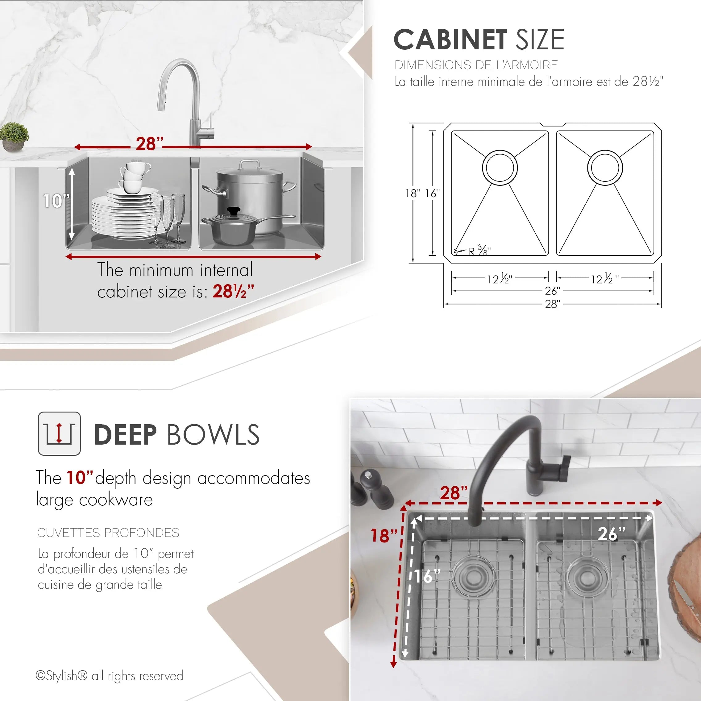 STYLISH 28 inch Double Bowl Undermount Stainless Steel Kitchen Sink S-300XG - Plumbing Market