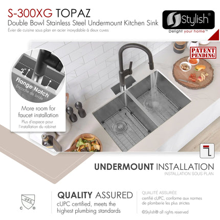 STYLISH 28 inch Double Bowl Undermount Stainless Steel Kitchen Sink S-300XG - Plumbing Market