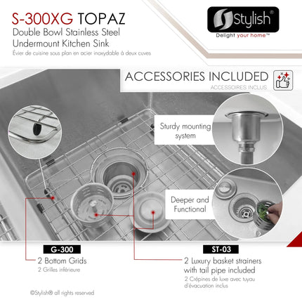 STYLISH 28 inch Double Bowl Undermount Stainless Steel Kitchen Sink S-300XG - Plumbing Market