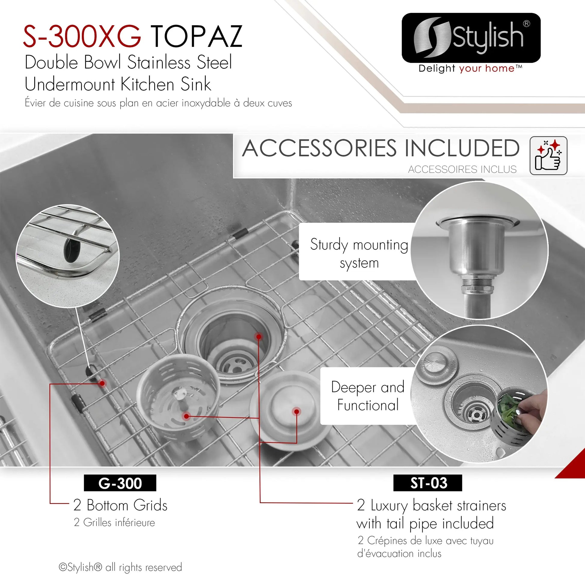 STYLISH 28 inch Double Bowl Undermount Stainless Steel Kitchen Sink S-300XG - Plumbing Market