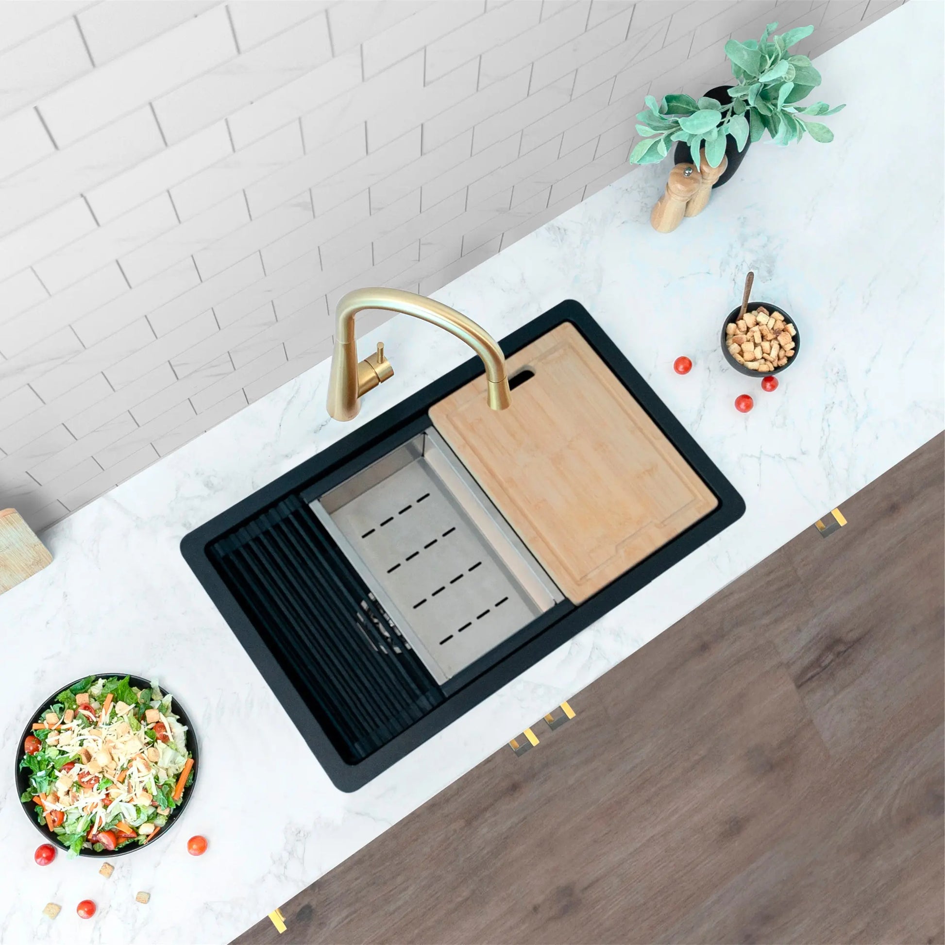 STYLISH 28 inch Dual Mount  Workstation Single Bowl Black Composite Granite Kitchen Sink with Built in Accessories S-828WN - Plumbing Market