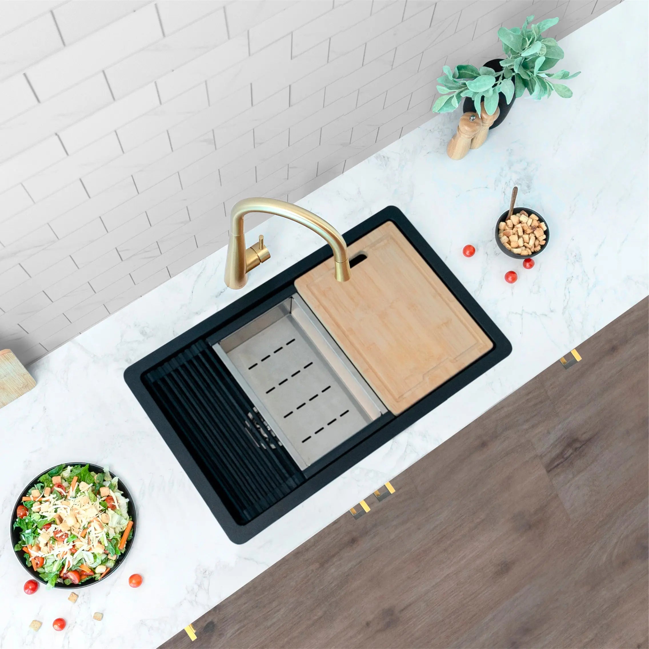 STYLISH 28 inch Dual Mount  Workstation Single Bowl Black Composite Granite Kitchen Sink with Built in Accessories S-828WN - Plumbing Market