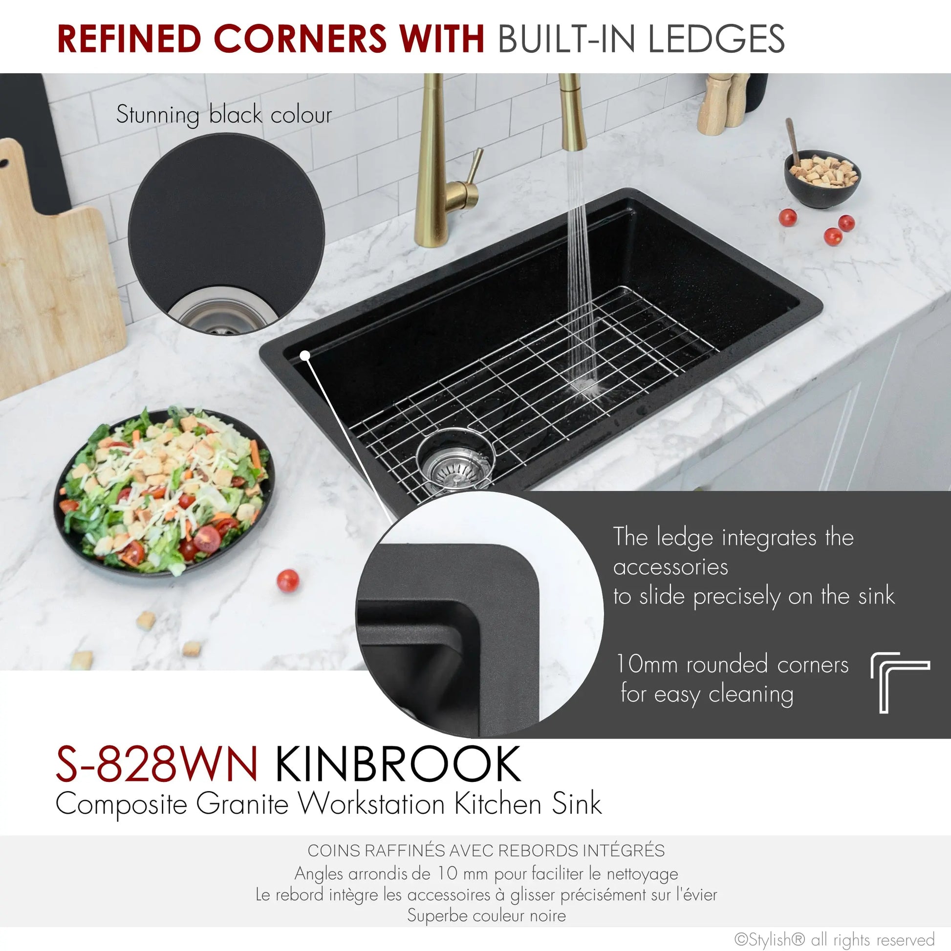 STYLISH 28 inch Dual Mount  Workstation Single Bowl Black Composite Granite Kitchen Sink with Built in Accessories S-828WN - Plumbing Market
