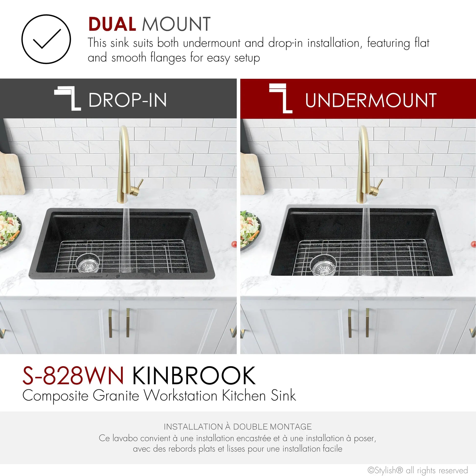 STYLISH 28 inch Dual Mount  Workstation Single Bowl Black Composite Granite Kitchen Sink with Built in Accessories S-828WN - Plumbing Market