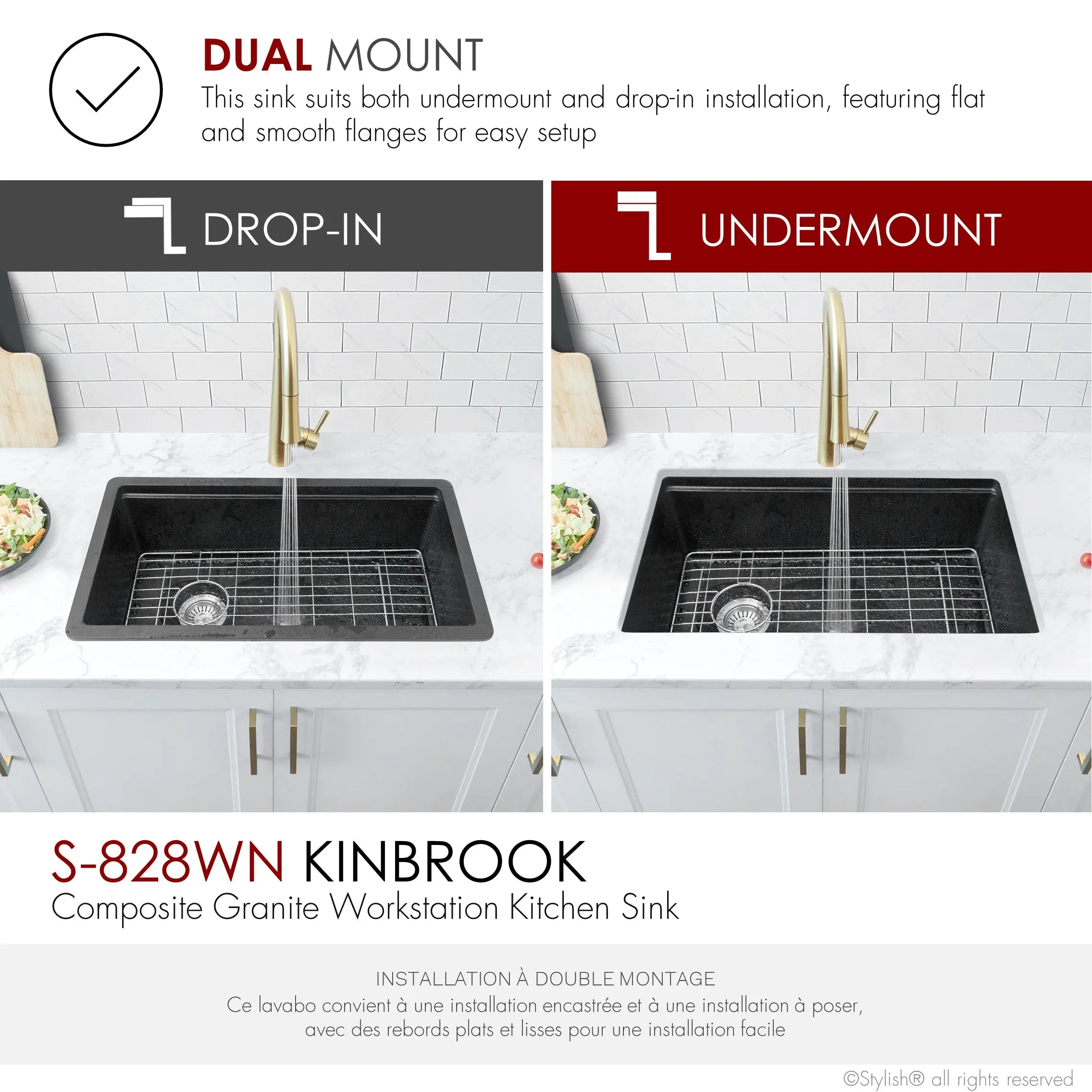 STYLISH 28 inch Dual Mount  Workstation Single Bowl Black Composite Granite Kitchen Sink with Built in Accessories S-828WN - Plumbing Market