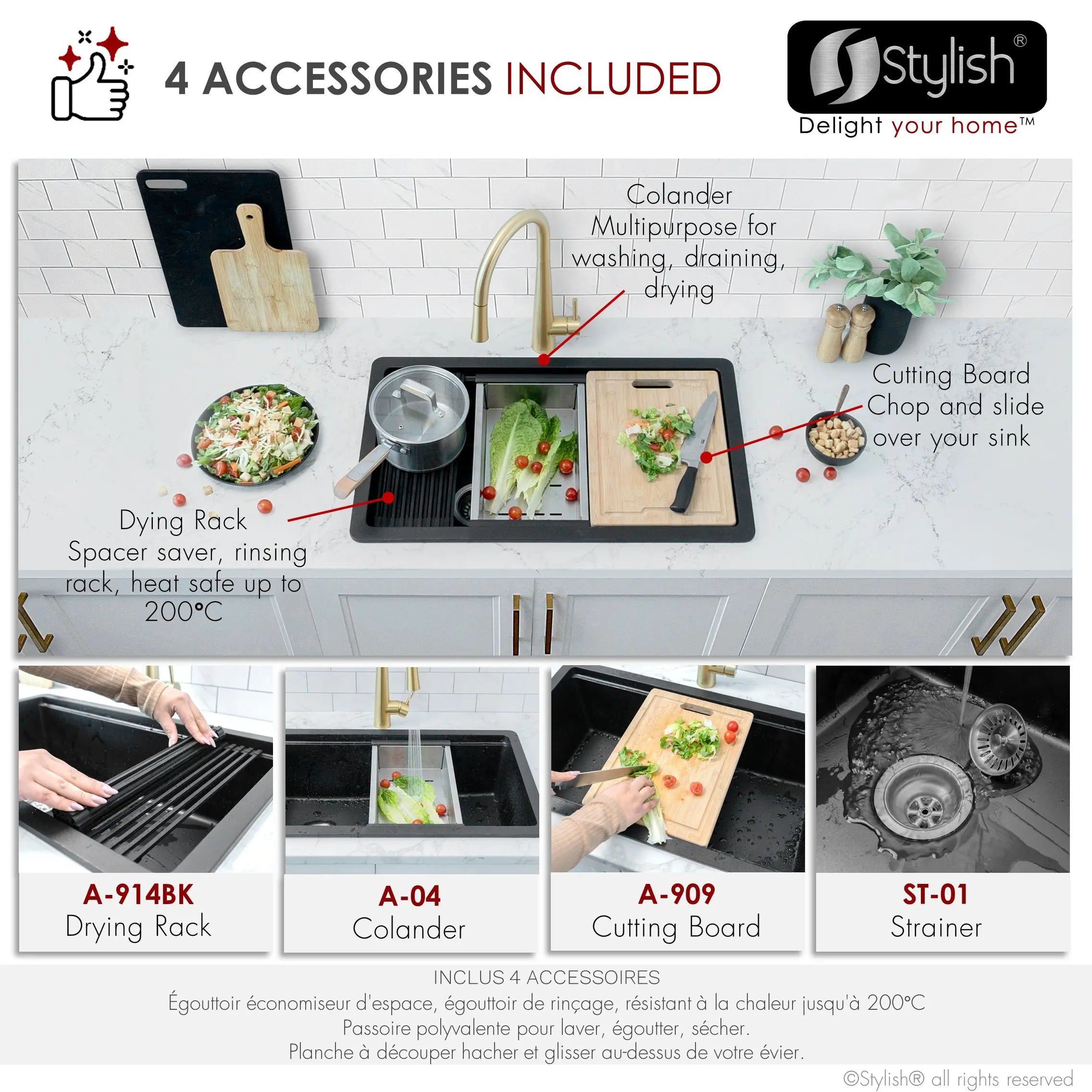 STYLISH 28 inch Dual Mount  Workstation Single Bowl Black Composite Granite Kitchen Sink with Built in Accessories S-828WN - Plumbing Market