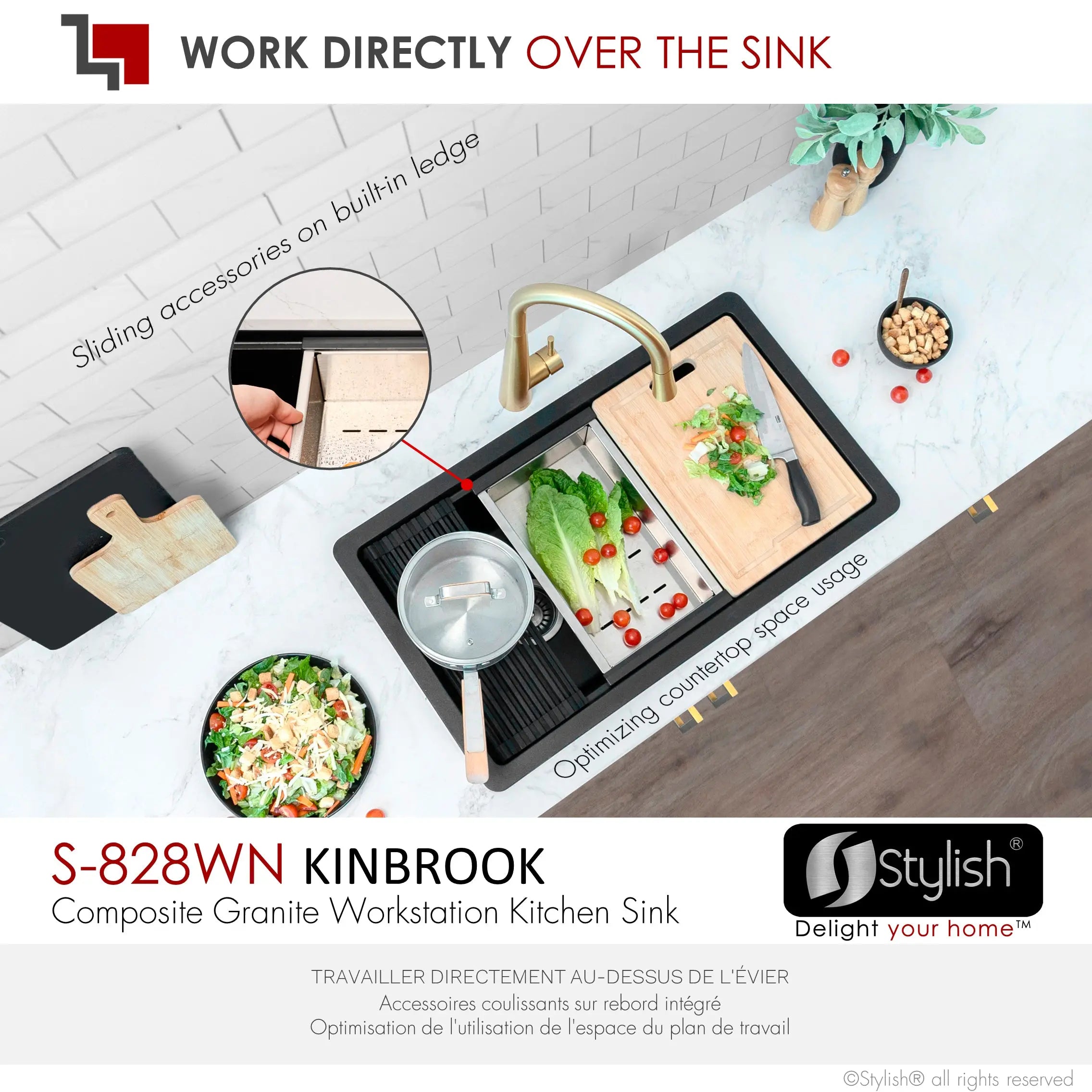 STYLISH 28 inch Dual Mount  Workstation Single Bowl Black Composite Granite Kitchen Sink with Built in Accessories S-828WN - Plumbing Market
