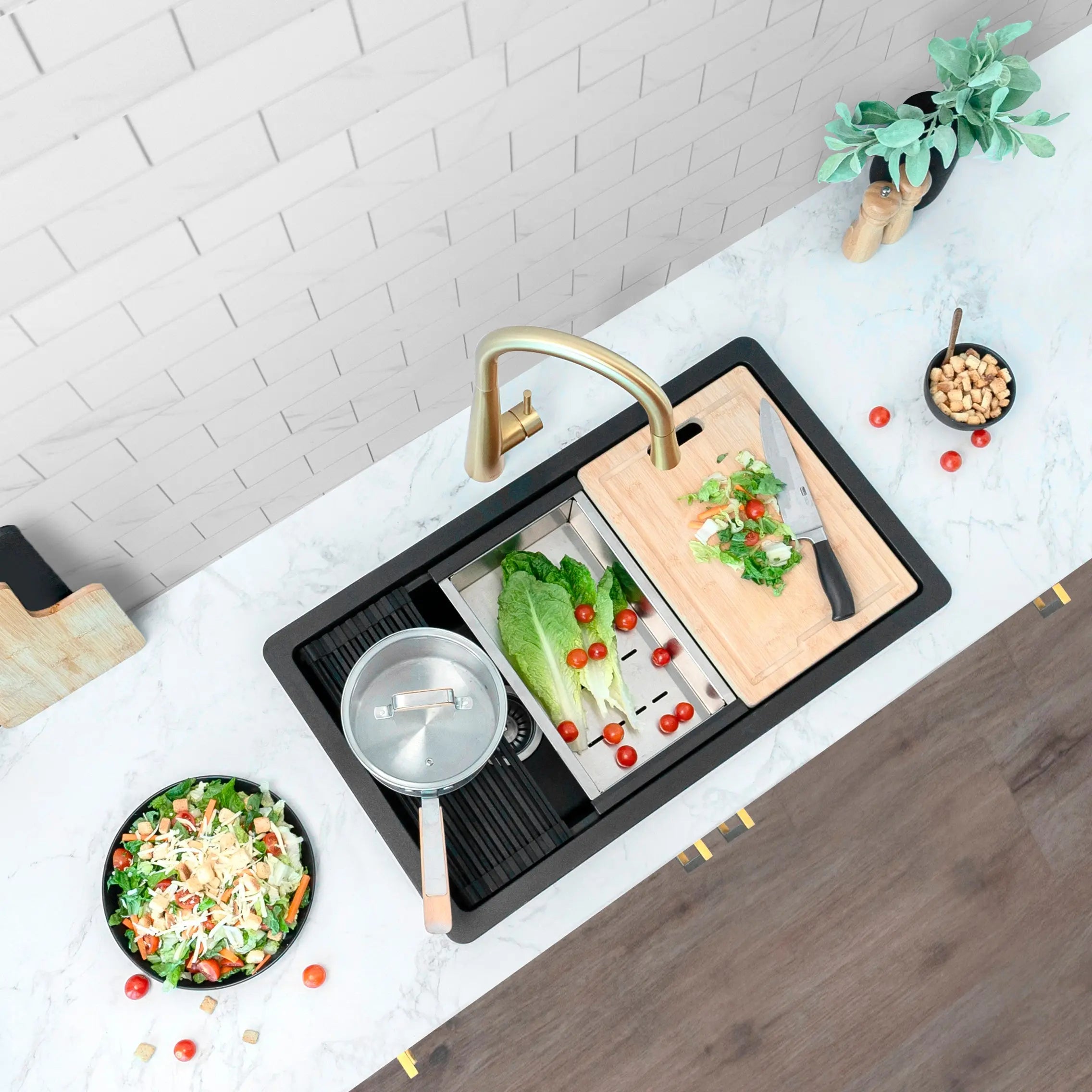 STYLISH 28 inch Dual Mount  Workstation Single Bowl Black Composite Granite Kitchen Sink with Built in Accessories S-828WN - Plumbing Market