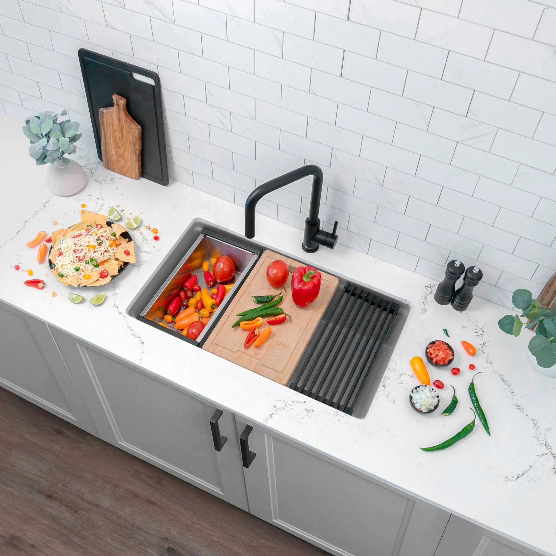 STYLISH 28 inch Dual Mount  Workstation Single Bowl Gray Composite Granite Kitchen Sink with Built in Accessories S-828WL - Plumbing Market