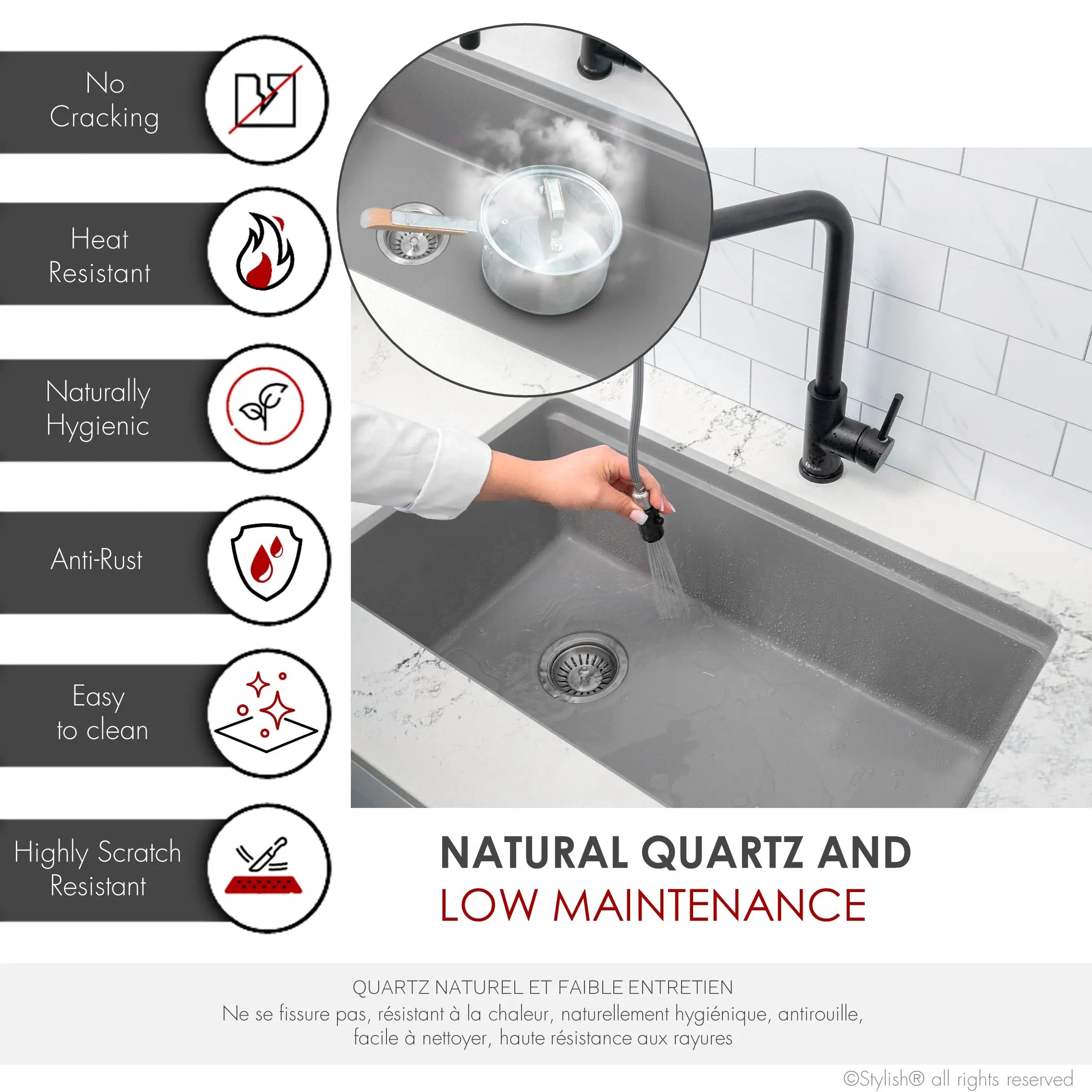 STYLISH 28 inch Dual Mount  Workstation Single Bowl Gray Composite Granite Kitchen Sink with Built in Accessories S-828WL - Plumbing Market