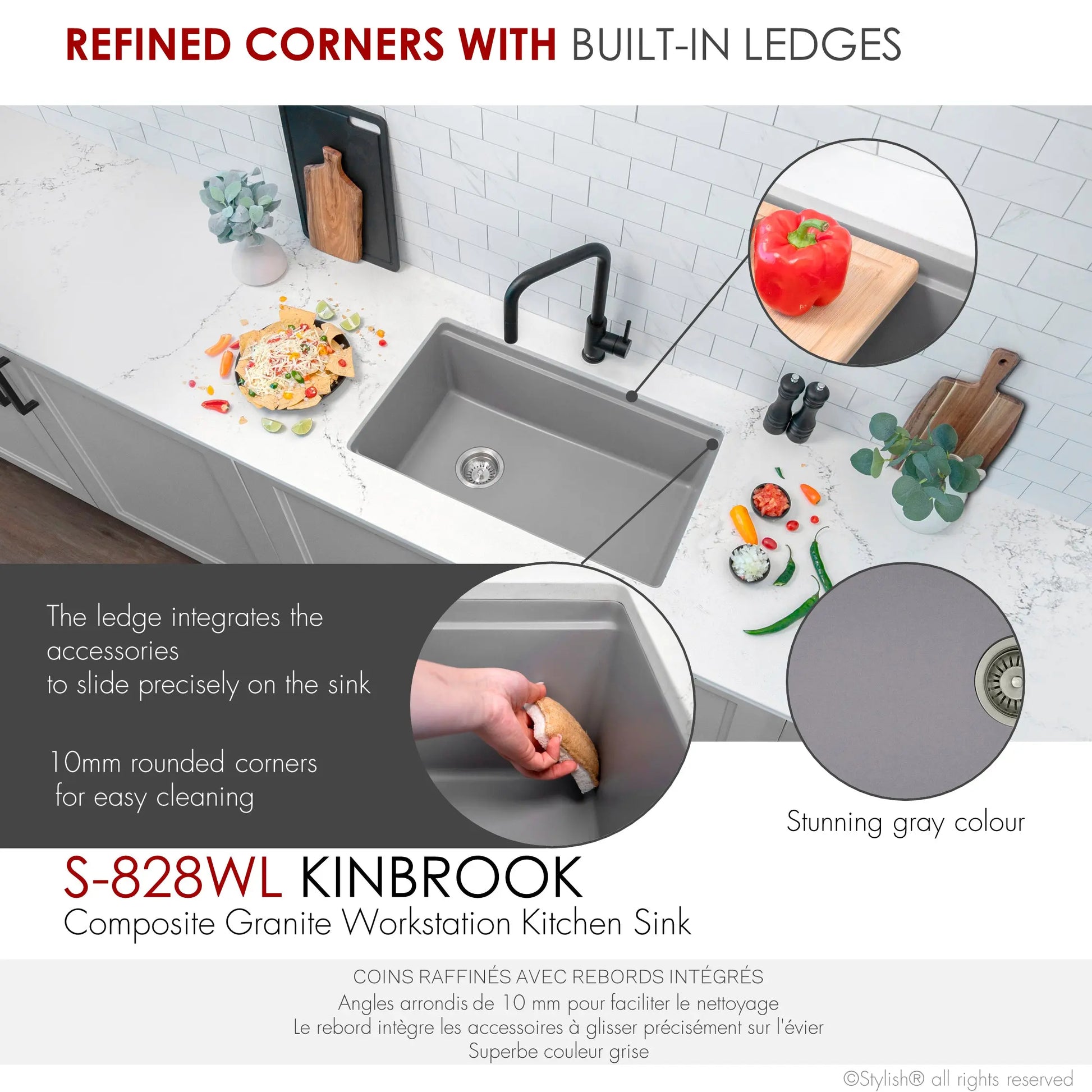 STYLISH 28 inch Dual Mount  Workstation Single Bowl Gray Composite Granite Kitchen Sink with Built in Accessories S-828WL - Plumbing Market