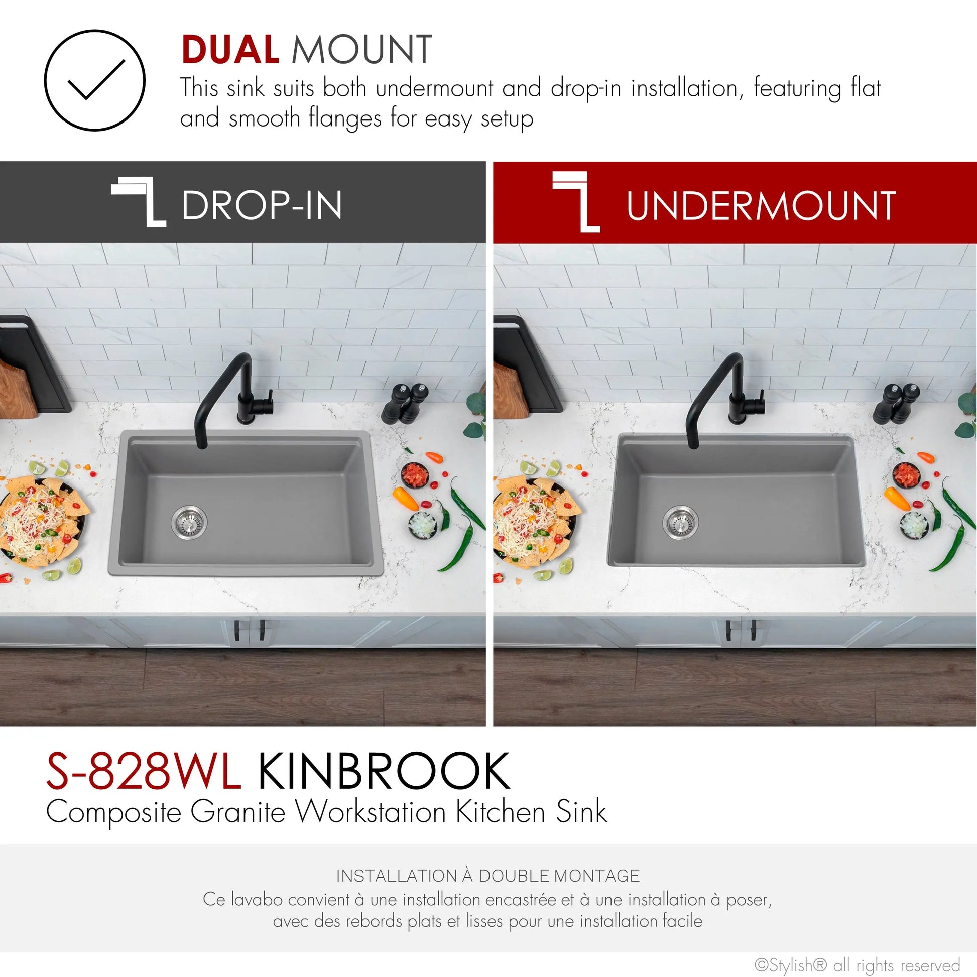 STYLISH 28 inch Dual Mount  Workstation Single Bowl Gray Composite Granite Kitchen Sink with Built in Accessories S-828WL - Plumbing Market