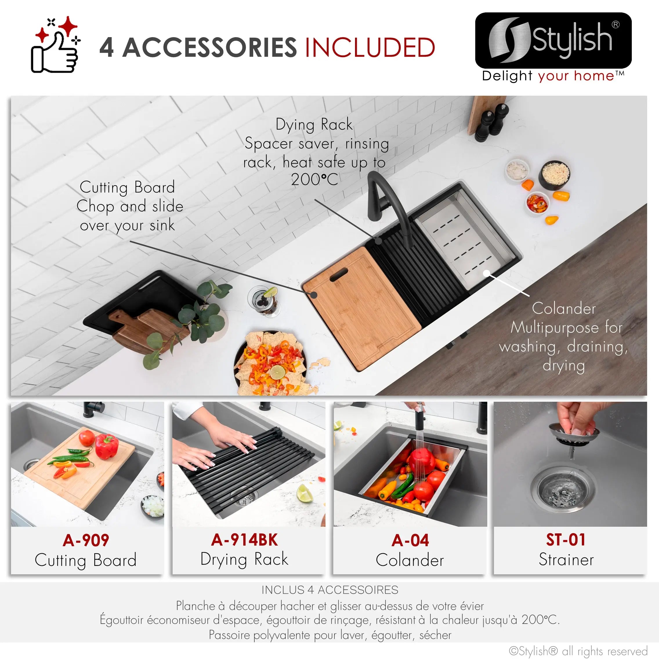 STYLISH 28 inch Dual Mount  Workstation Single Bowl Gray Composite Granite Kitchen Sink with Built in Accessories S-828WL - Plumbing Market