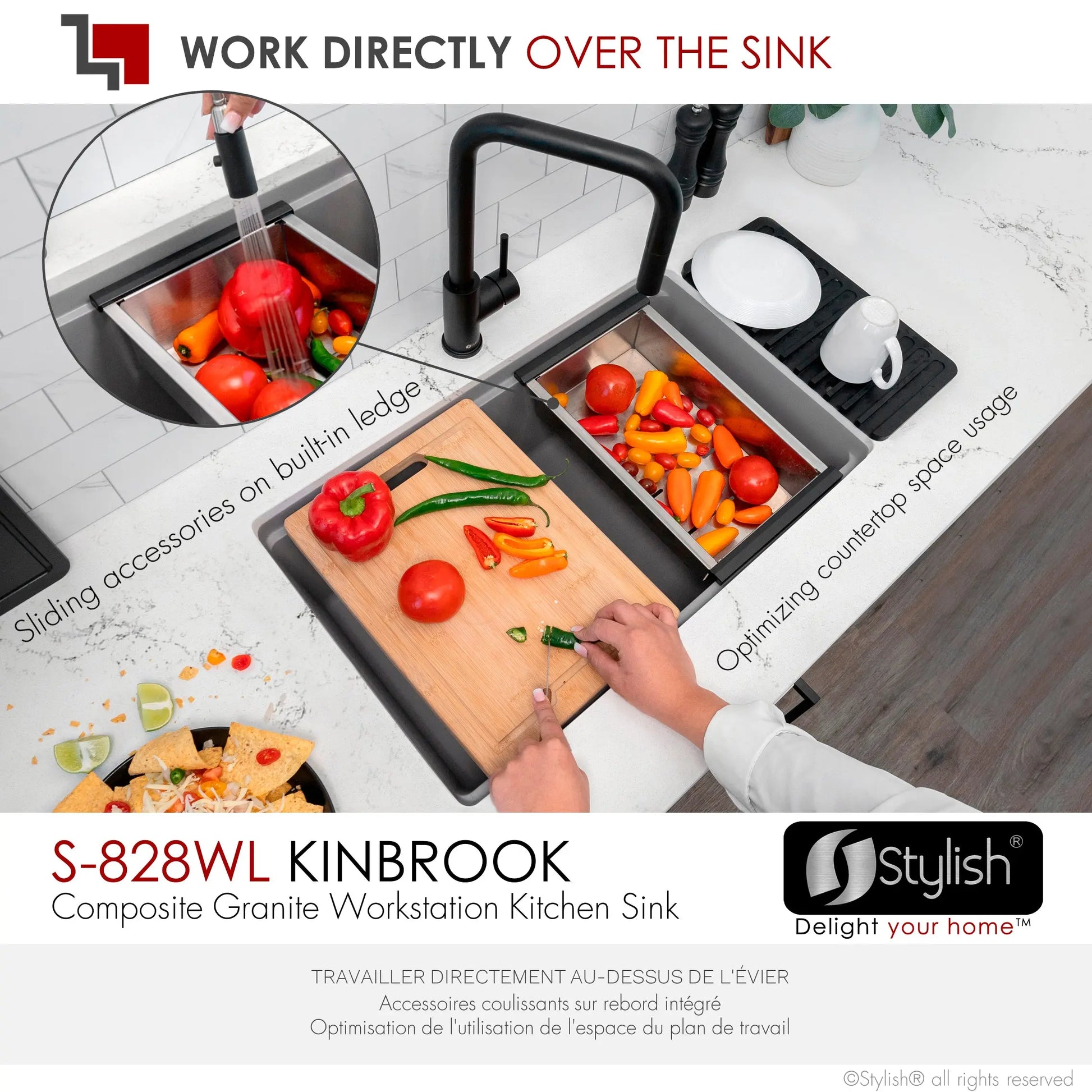 STYLISH 28 inch Dual Mount  Workstation Single Bowl Gray Composite Granite Kitchen Sink with Built in Accessories S-828WL - Plumbing Market