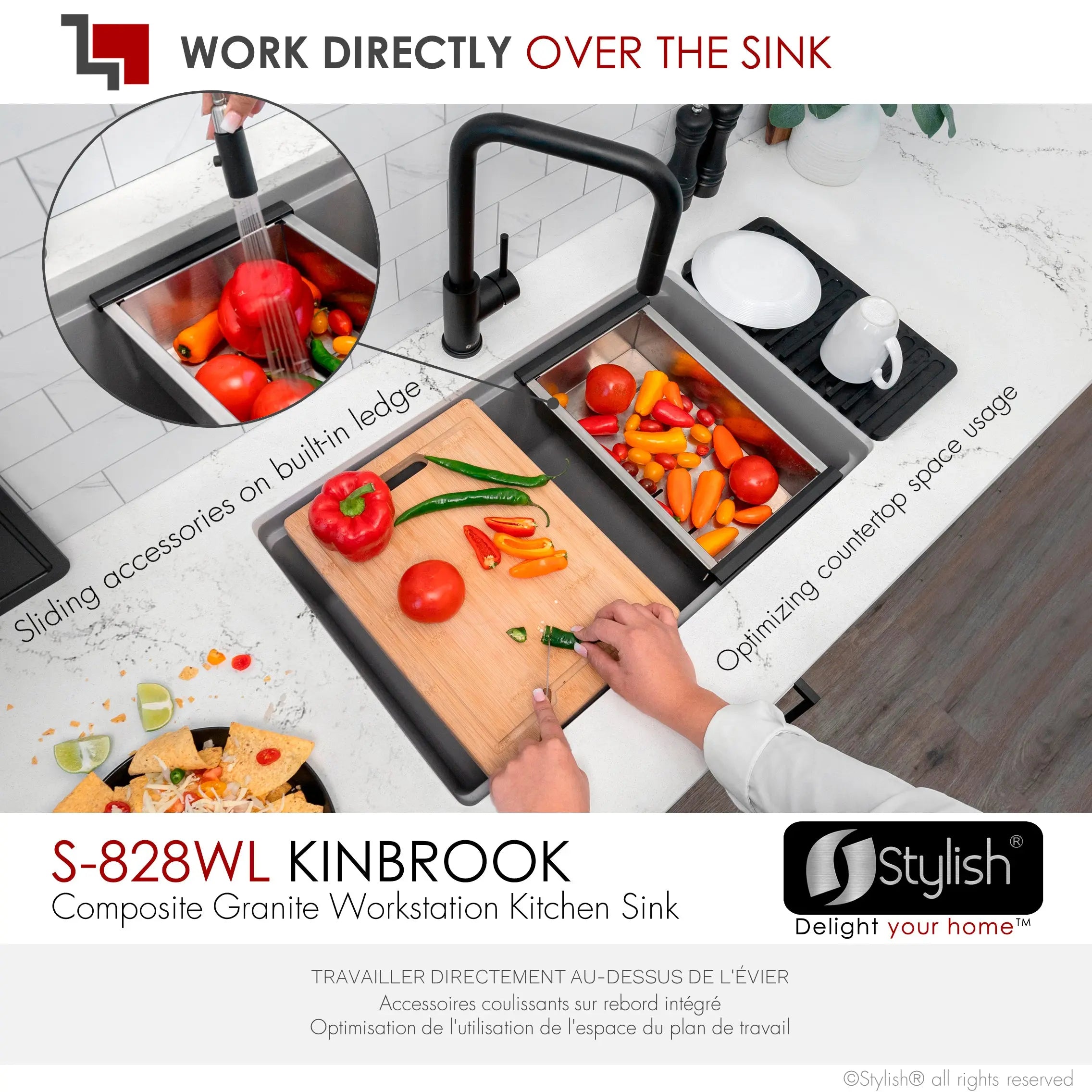 STYLISH 28 inch Dual Mount  Workstation Single Bowl Gray Composite Granite Kitchen Sink with Built in Accessories S-828WL - Plumbing Market