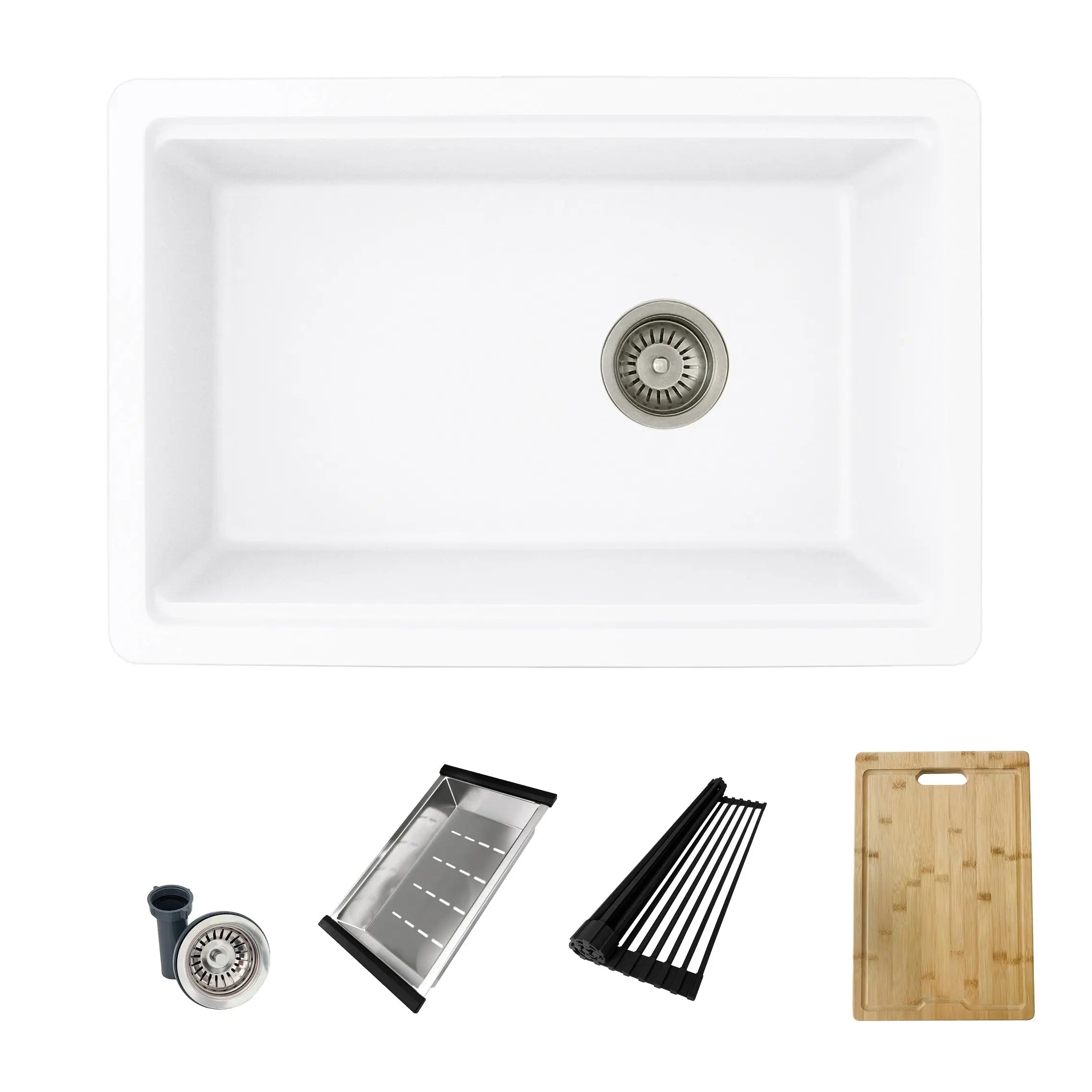 STYLISH 28 inch Dual Mount  Workstation Single Bowl White Composite Granite Kitchen Sink with Built in Accessories S-828WH - Plumbing Market