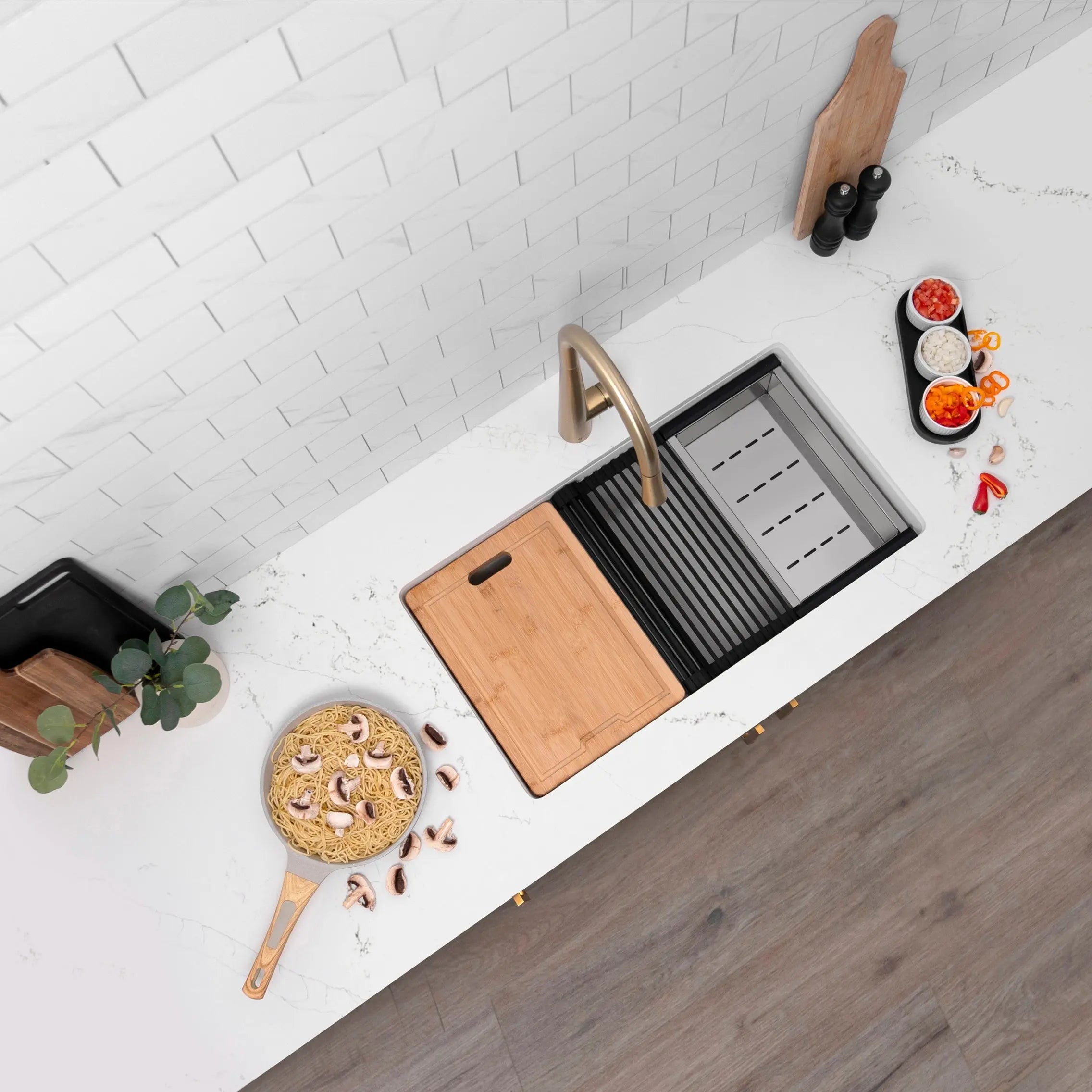 STYLISH 28 inch Dual Mount  Workstation Single Bowl White Composite Granite Kitchen Sink with Built in Accessories S-828WH - Plumbing Market