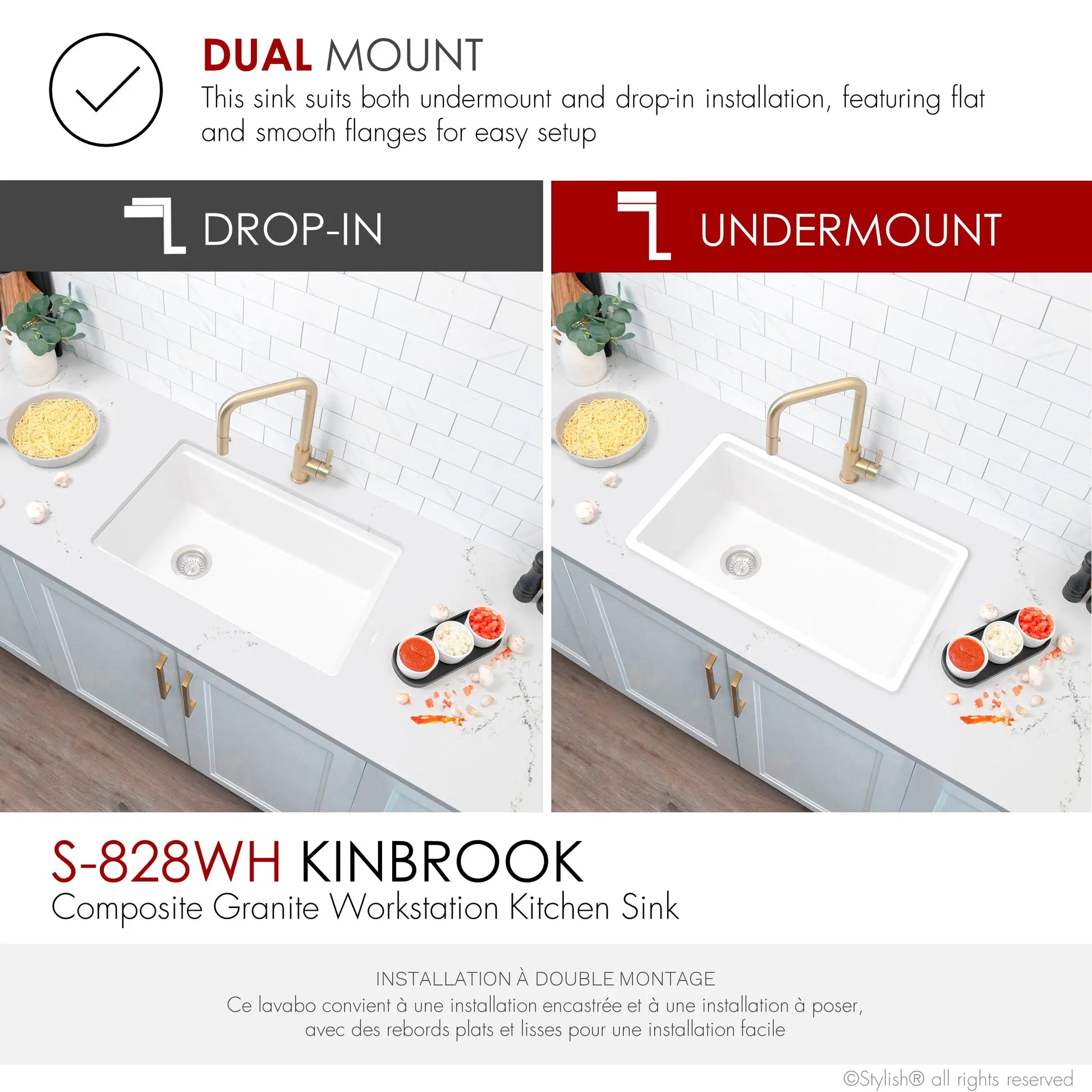 STYLISH 28 inch Dual Mount  Workstation Single Bowl White Composite Granite Kitchen Sink with Built in Accessories S-828WH - Plumbing Market