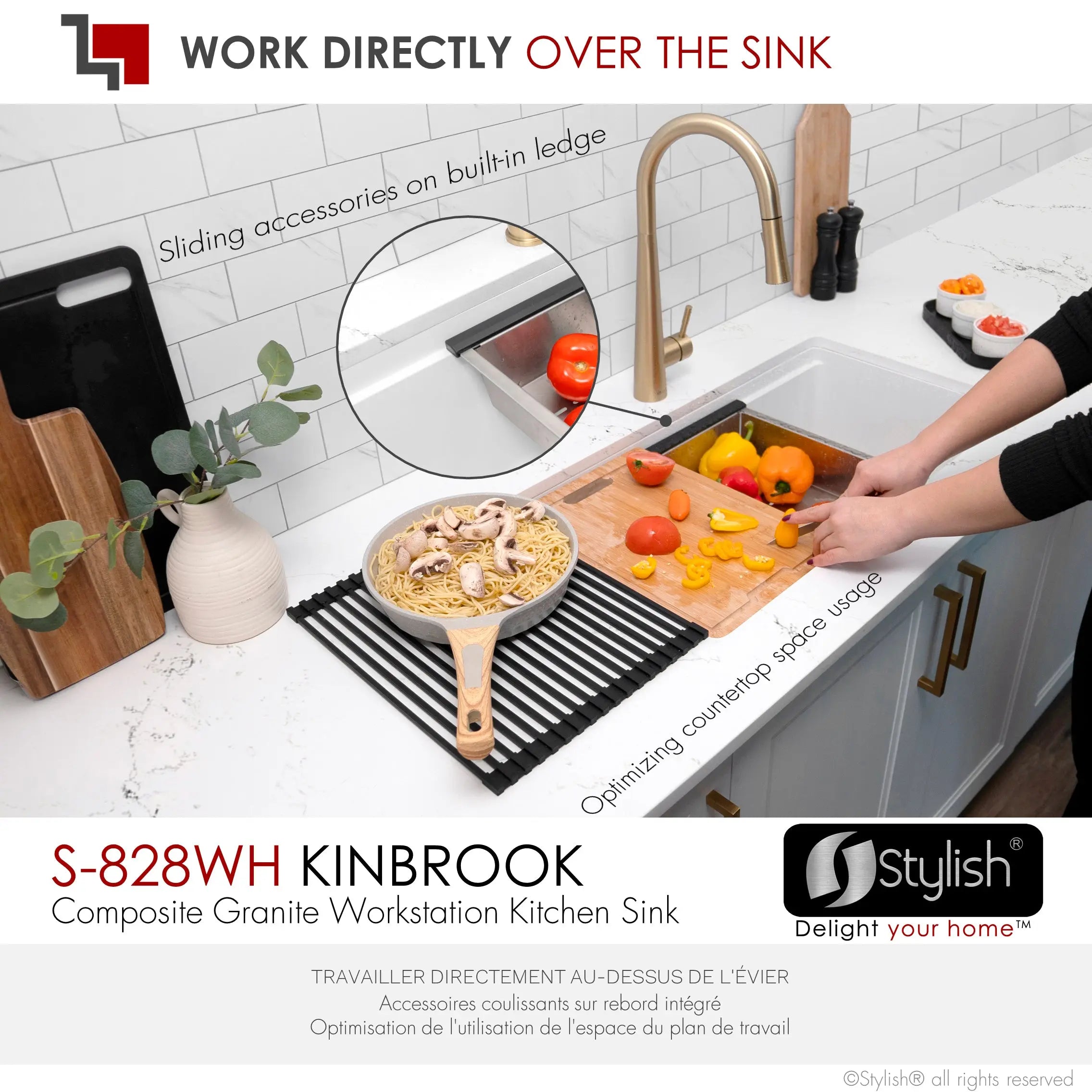 STYLISH 28 inch Dual Mount  Workstation Single Bowl White Composite Granite Kitchen Sink with Built in Accessories S-828WH - Plumbing Market