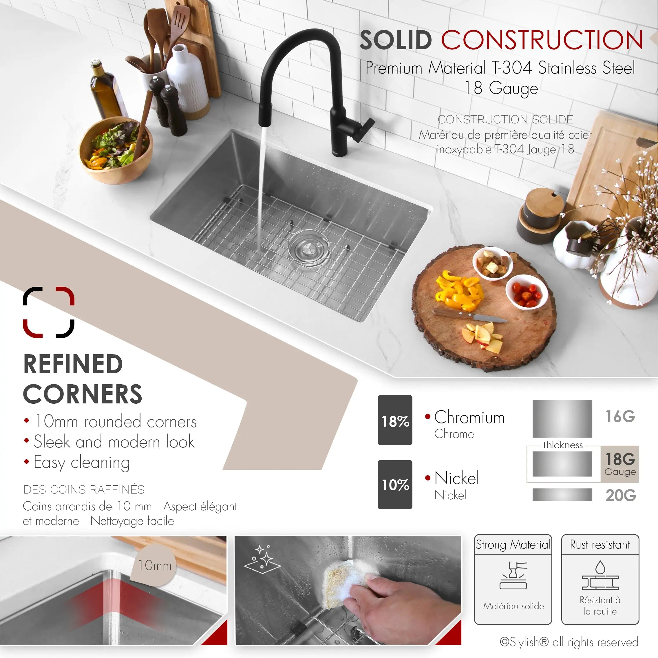 STYLISH 28 inch Single Bowl Drop-in/Undermount Stainless Steel Kitchen Sink S-306G - Plumbing Market