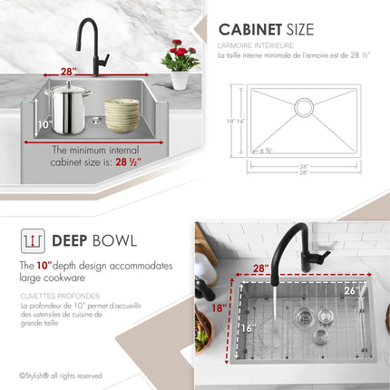 STYLISH 28 inch Single Bowl Drop-in/Undermount Stainless Steel Kitchen Sink S-306G - Plumbing Market