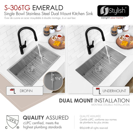 STYLISH 28 inch Single Bowl Drop-in/Undermount Stainless Steel Kitchen Sink S-306G - Plumbing Market