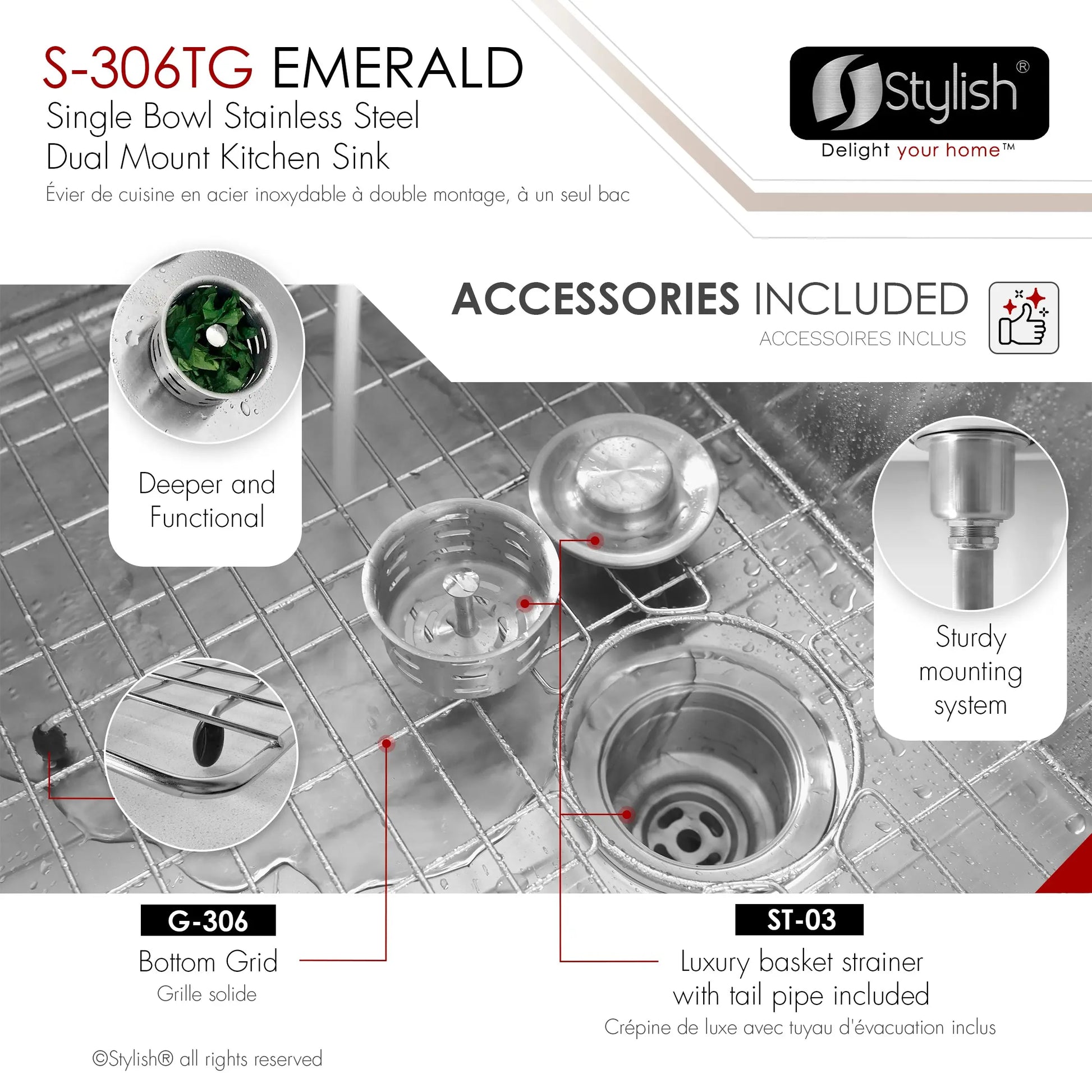 STYLISH 28 inch Single Bowl Drop-in/Undermount Stainless Steel Kitchen Sink S-306G - Plumbing Market