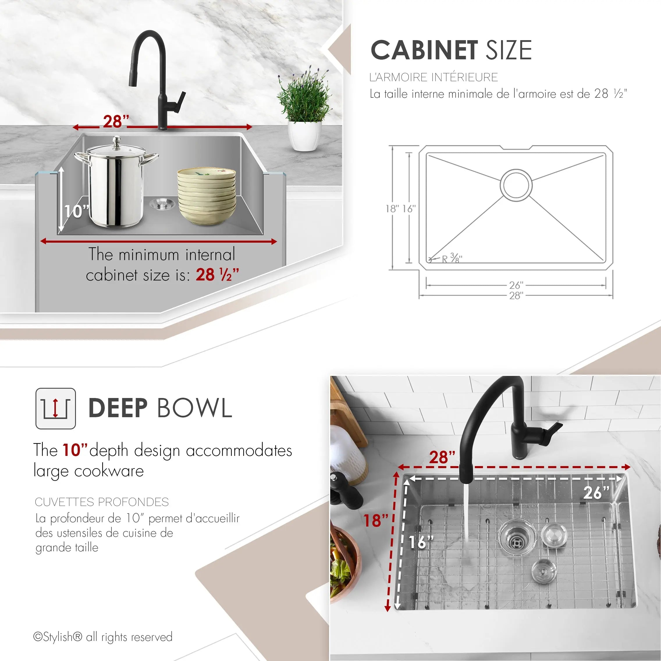 STYLISH 28 inch Single Bowl Undermount Stainless Steel Kitchen Sink S-306XG - Plumbing Market