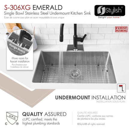 STYLISH 28 inch Single Bowl Undermount Stainless Steel Kitchen Sink S-306XG - Plumbing Market