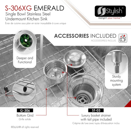 STYLISH 28 inch Single Bowl Undermount Stainless Steel Kitchen Sink S-306XG - Plumbing Market