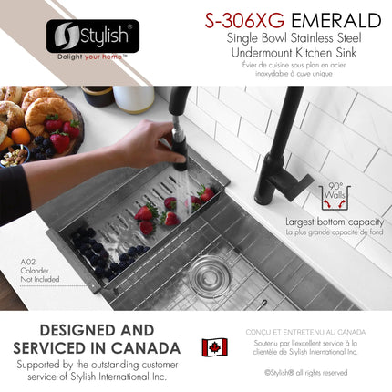 STYLISH 28 inch Single Bowl Undermount Stainless Steel Kitchen Sink S-306XG - Plumbing Market